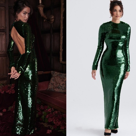 HOUSE OF CB 'Belle' Pine Green Sequin Maxi Dress - Picture 2 of 7
